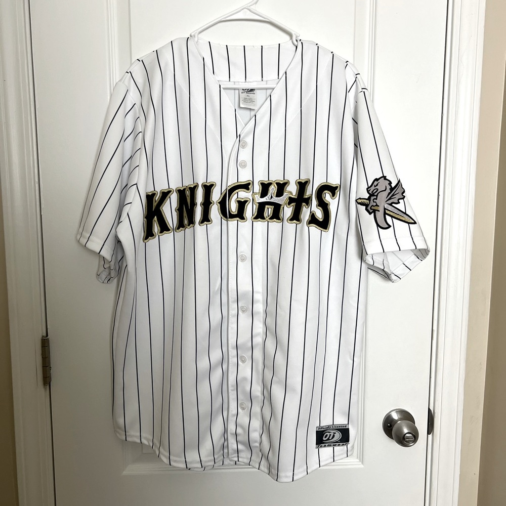 Charlotte Knights White Pinstripe Baseball Jersey with Black and Gold Logo